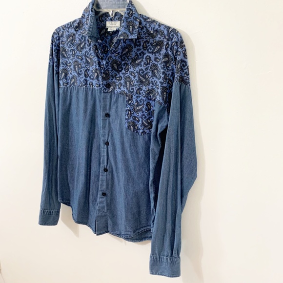 Zara Man Denim Couture Button Front Slim Fit Paisley Denim Shirt Pointed Collar - Picture 2 of 8